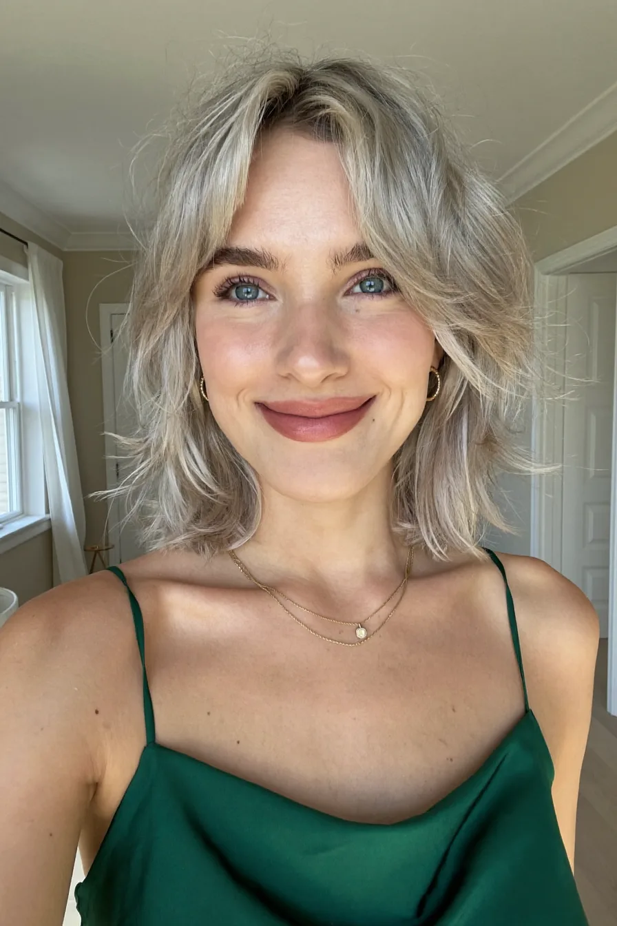 Modern Textured Ash Blonde Shoulder-Length Shag with Curtain Bangs