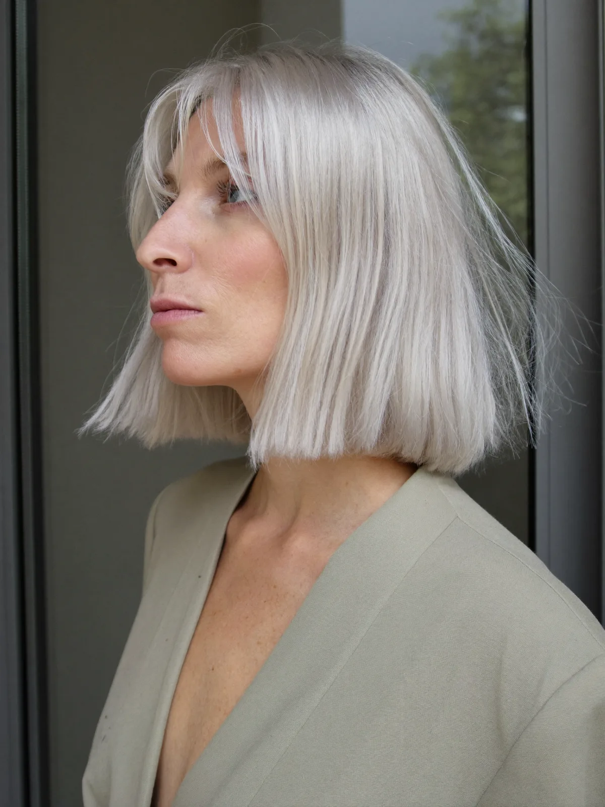 Chic Platinum Silver Bob with Soft Curtain Bangs for Modern Elegance
