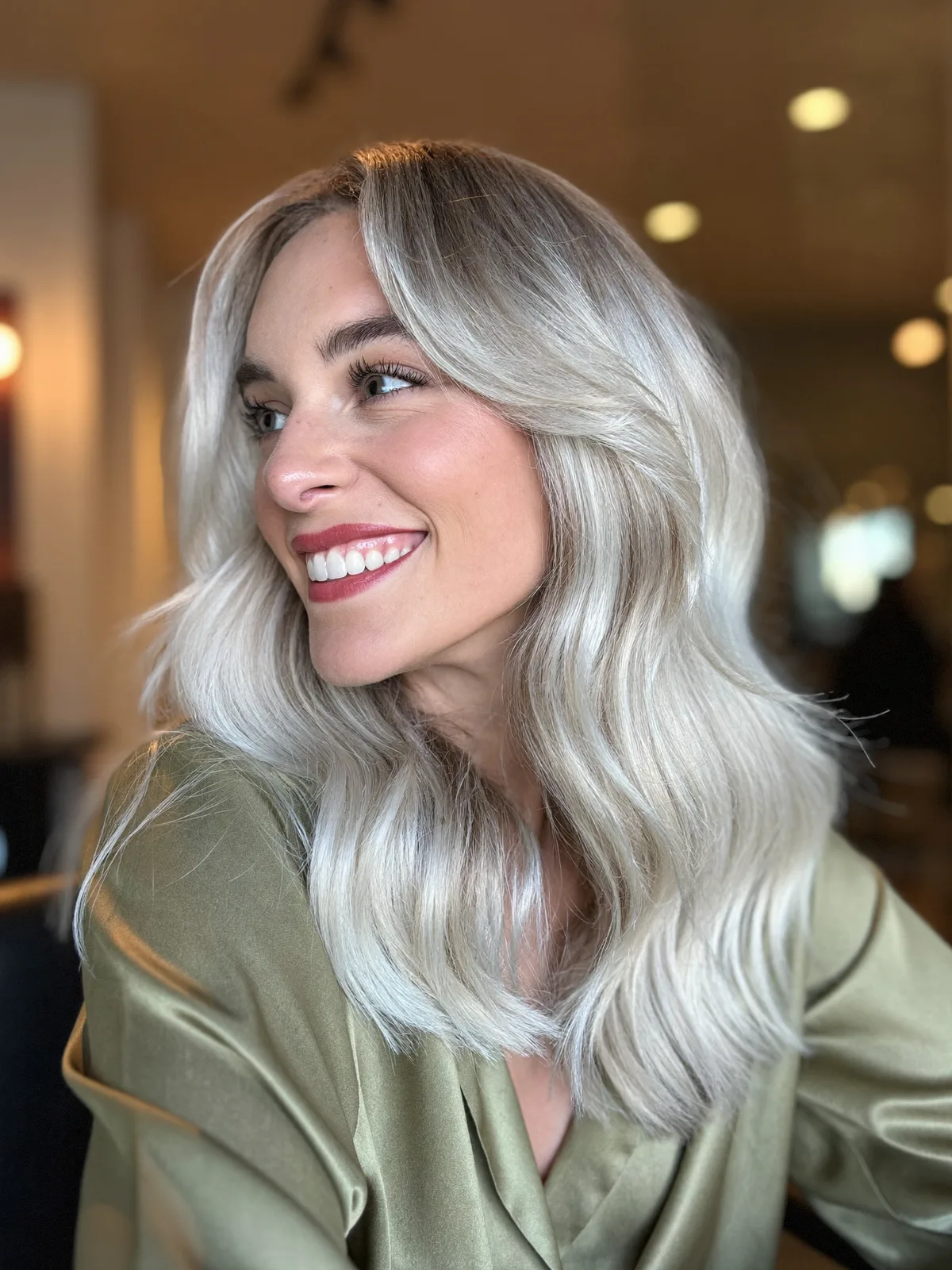 Shimmering Platinum Silver Waves With Feathered Curtain Bangs Elegance