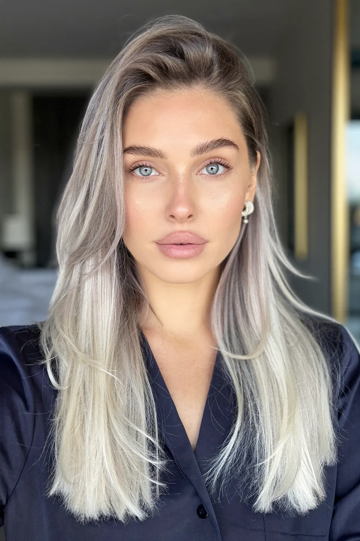 Elegant Platinum Silver Long Layers with Face-Framing Movement