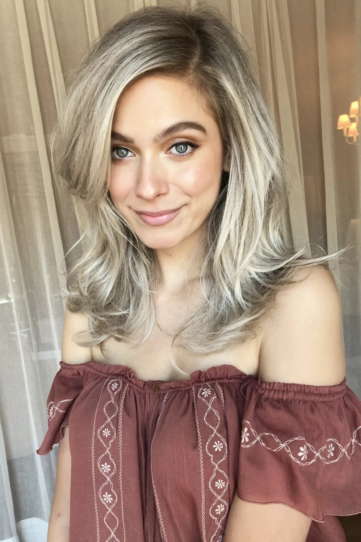 Platinum Silver Glam Long Layers with Voluminous Curtain Bangs