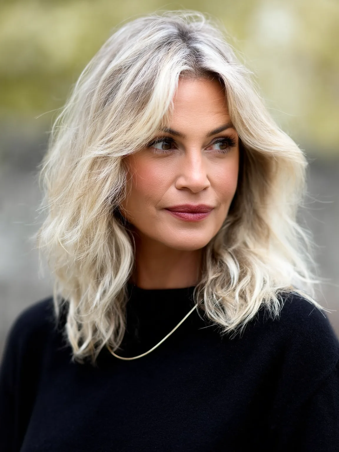 Shoulder-Length Lob with Curtain Bangs in Platinum Blonde