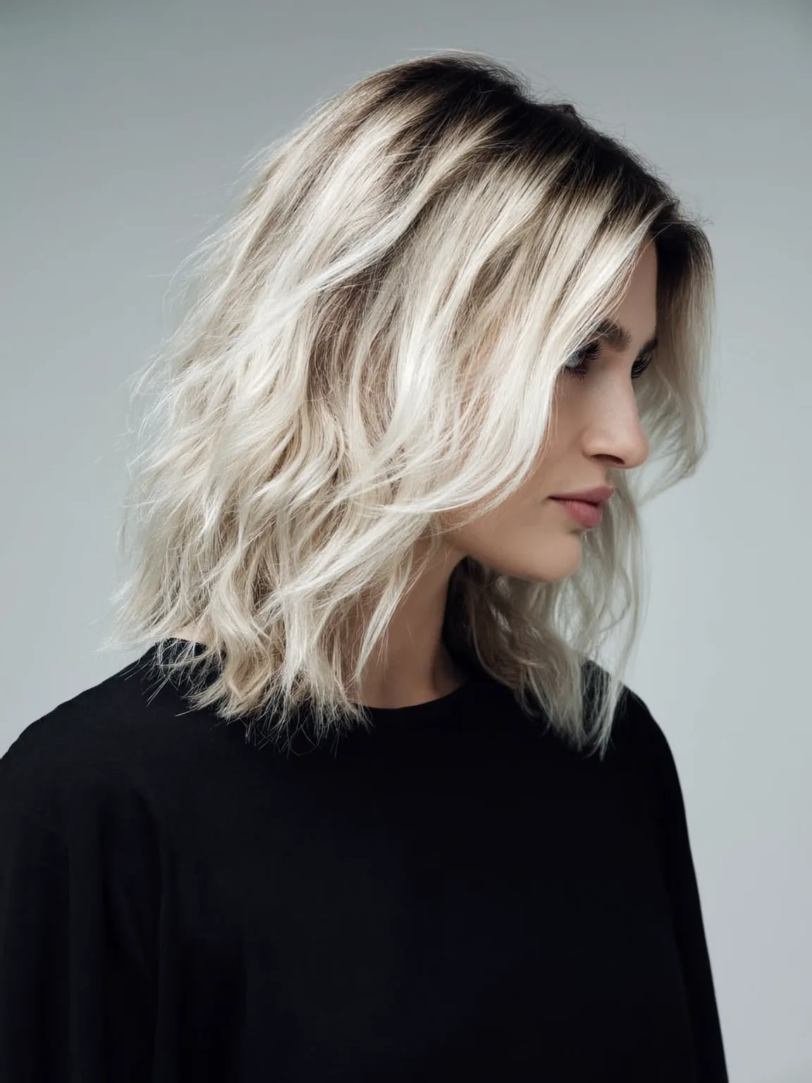Classic Shoulder-Length Lob with Dark-Rooted Platinum Blonde