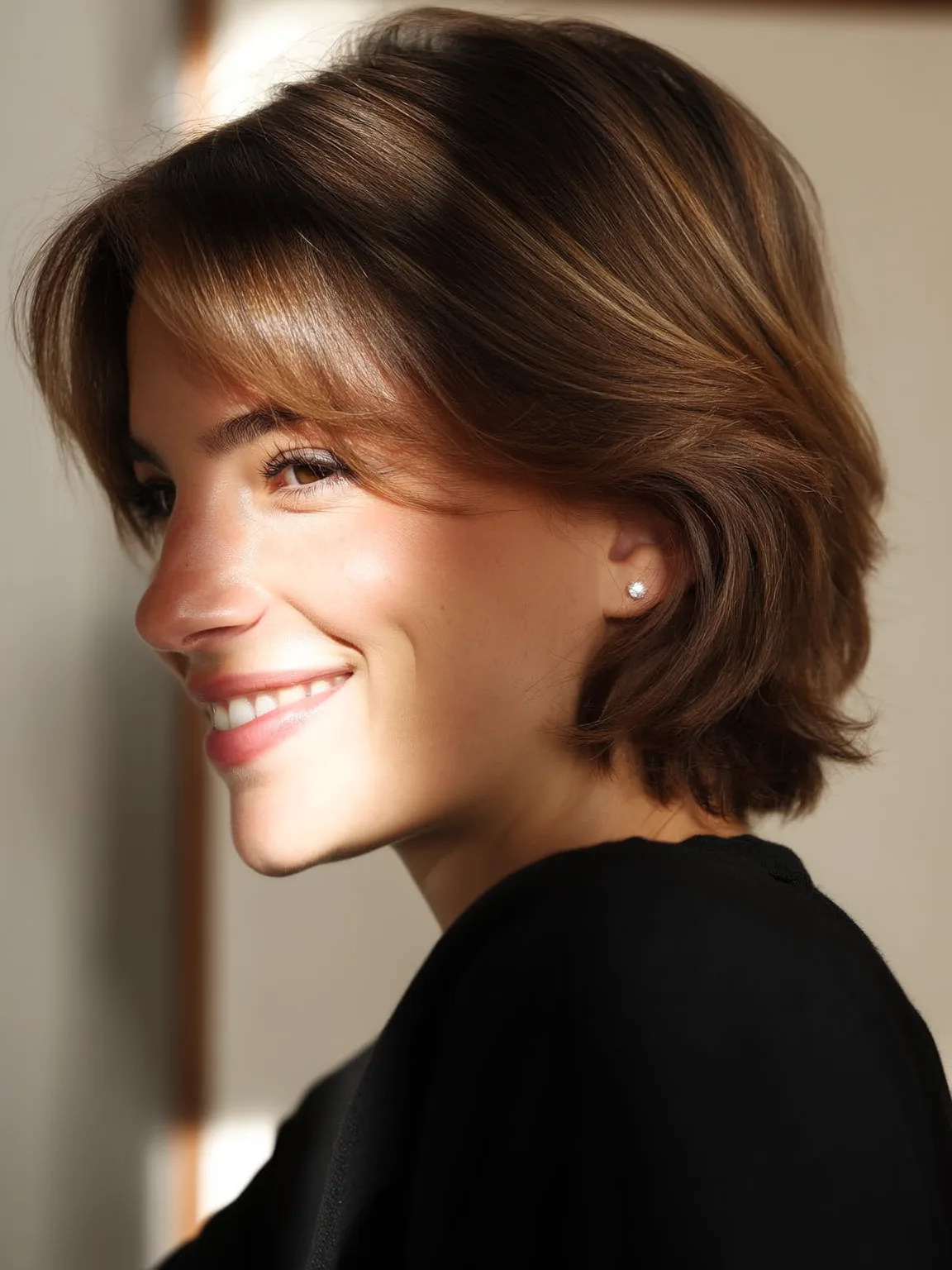 Warm Caramel Brown Straight Bob with Curtain Bangs