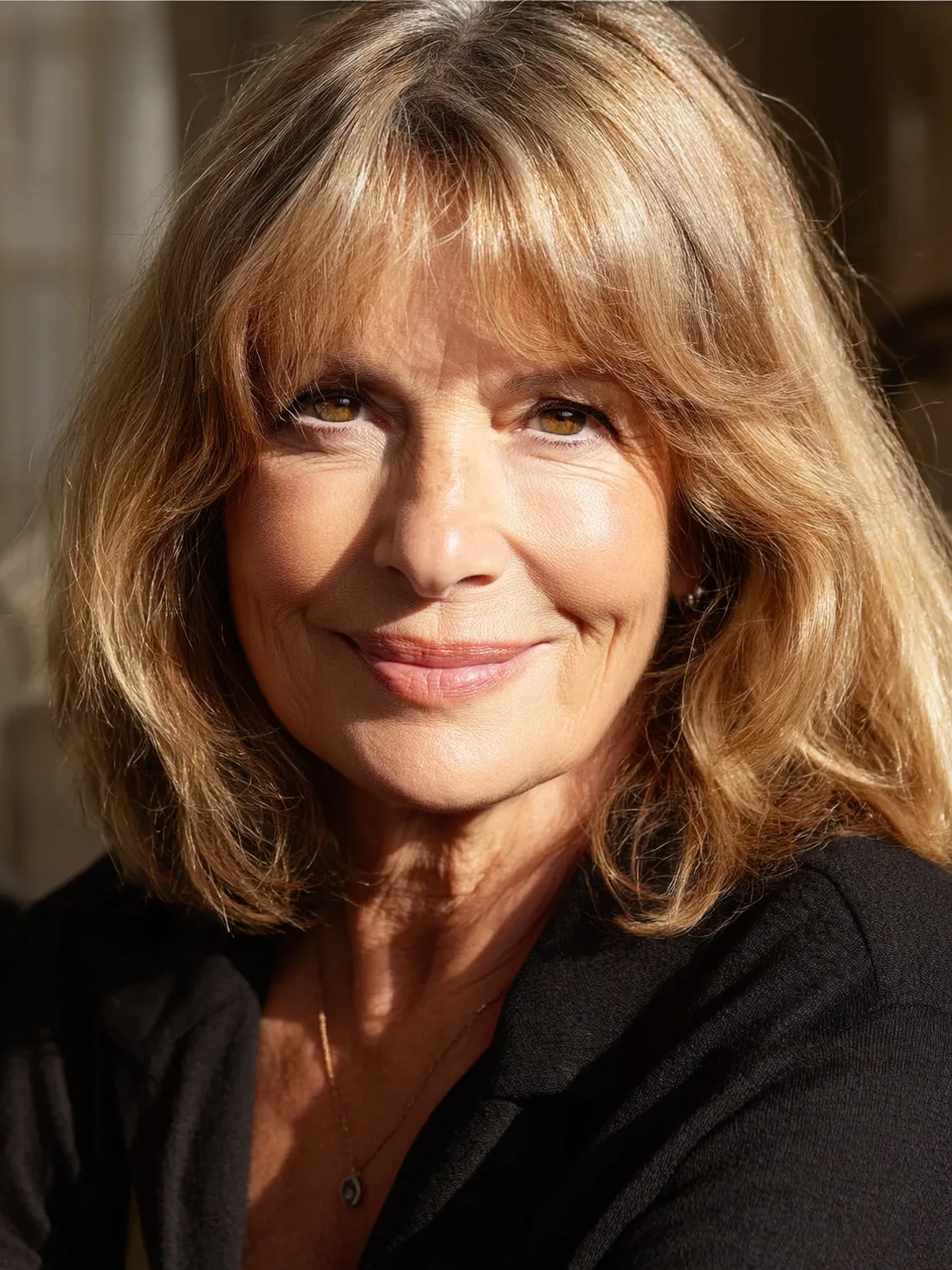 Shoulder-Length Layers with Warm Caramel Blonde Balayage