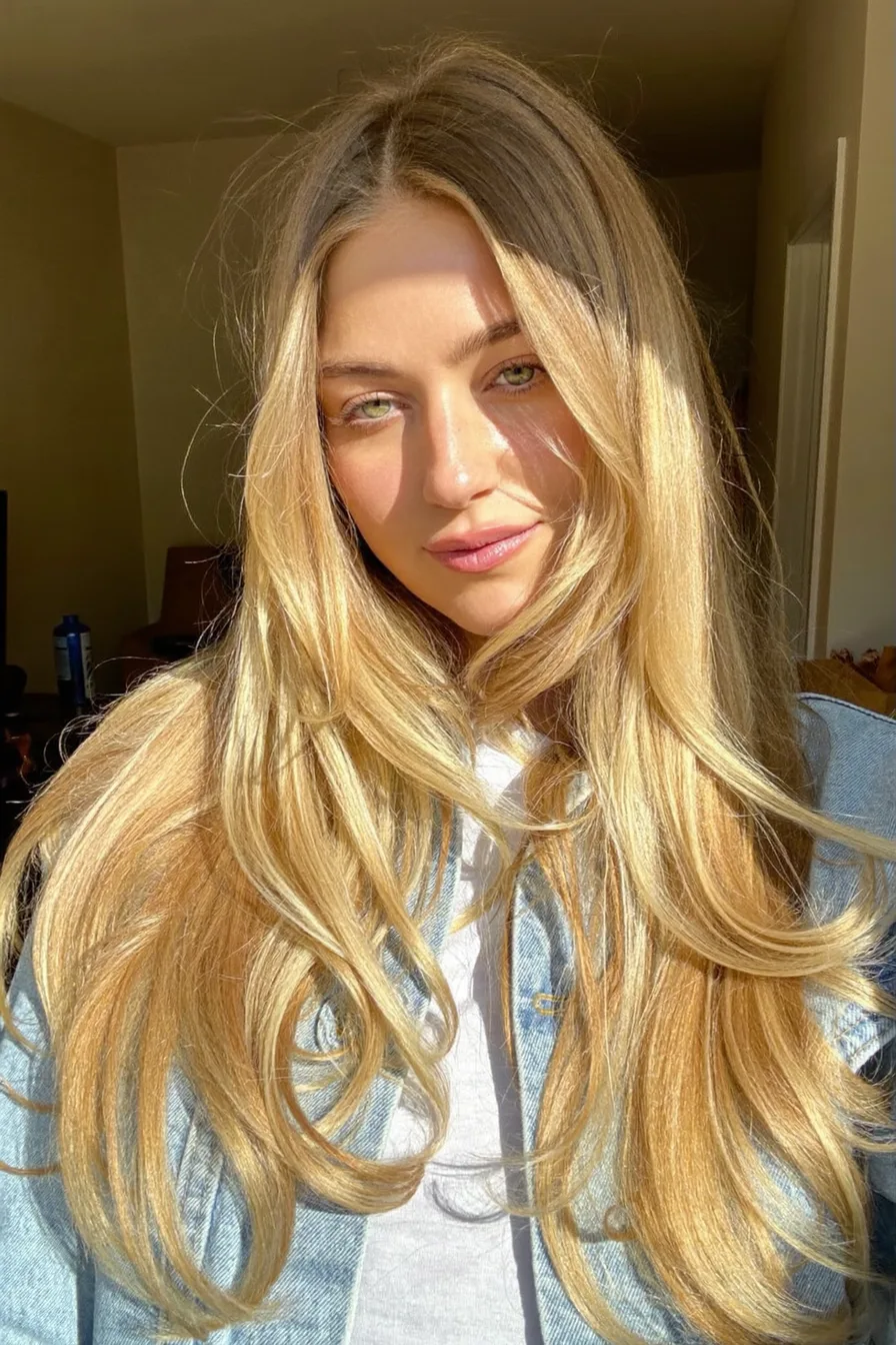 Golden Blonde Long Layered Haircut with Face-Framing Layers