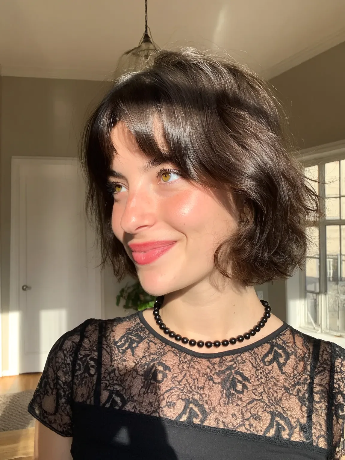 Wavy Dark Chocolate Bob with Blunt Bangs