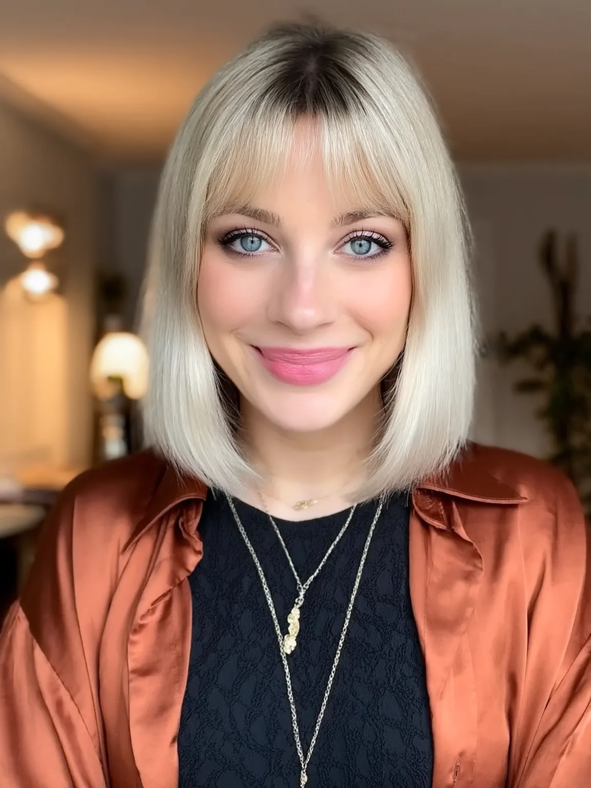 Vanilla Blonde Bob with Bold Blunt Bangs