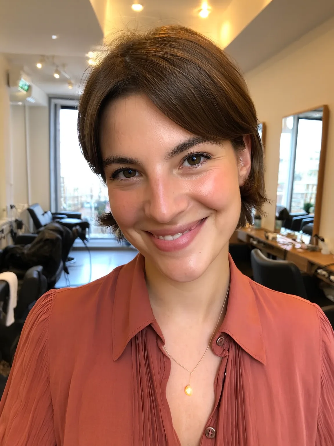 Warm Chestnut Brown Pixie with Side-Swept Bangs