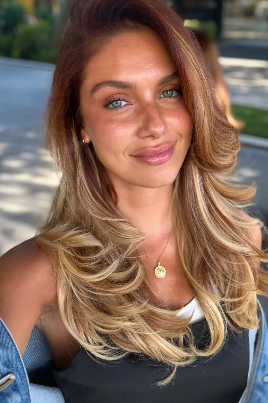 Layered Balayage Blonde Shoulder-Length Hair with Voluminous Waves