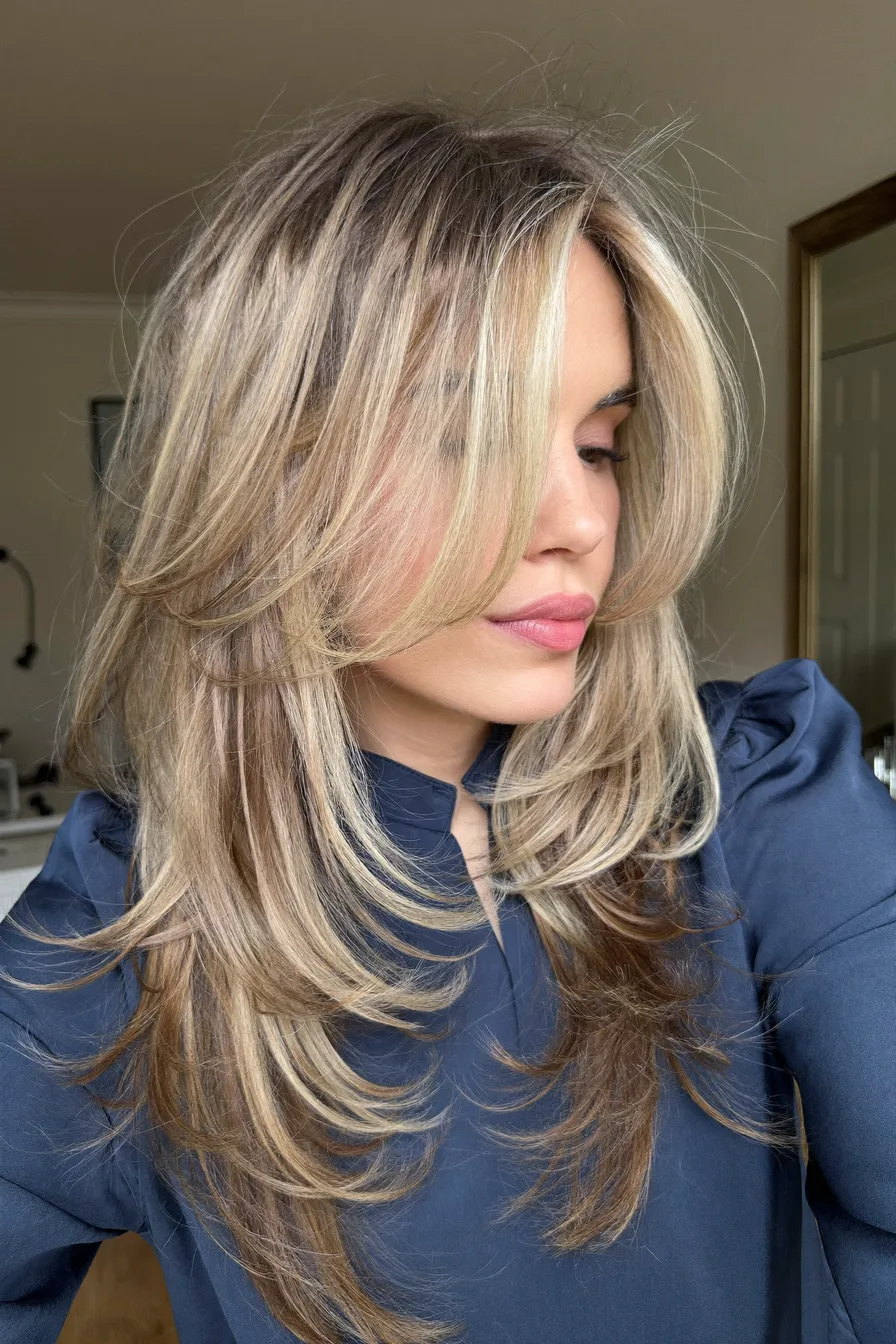 Softly Layered Shoulder-Length Balayage Blonde Haircut with Face-Framing Pieces