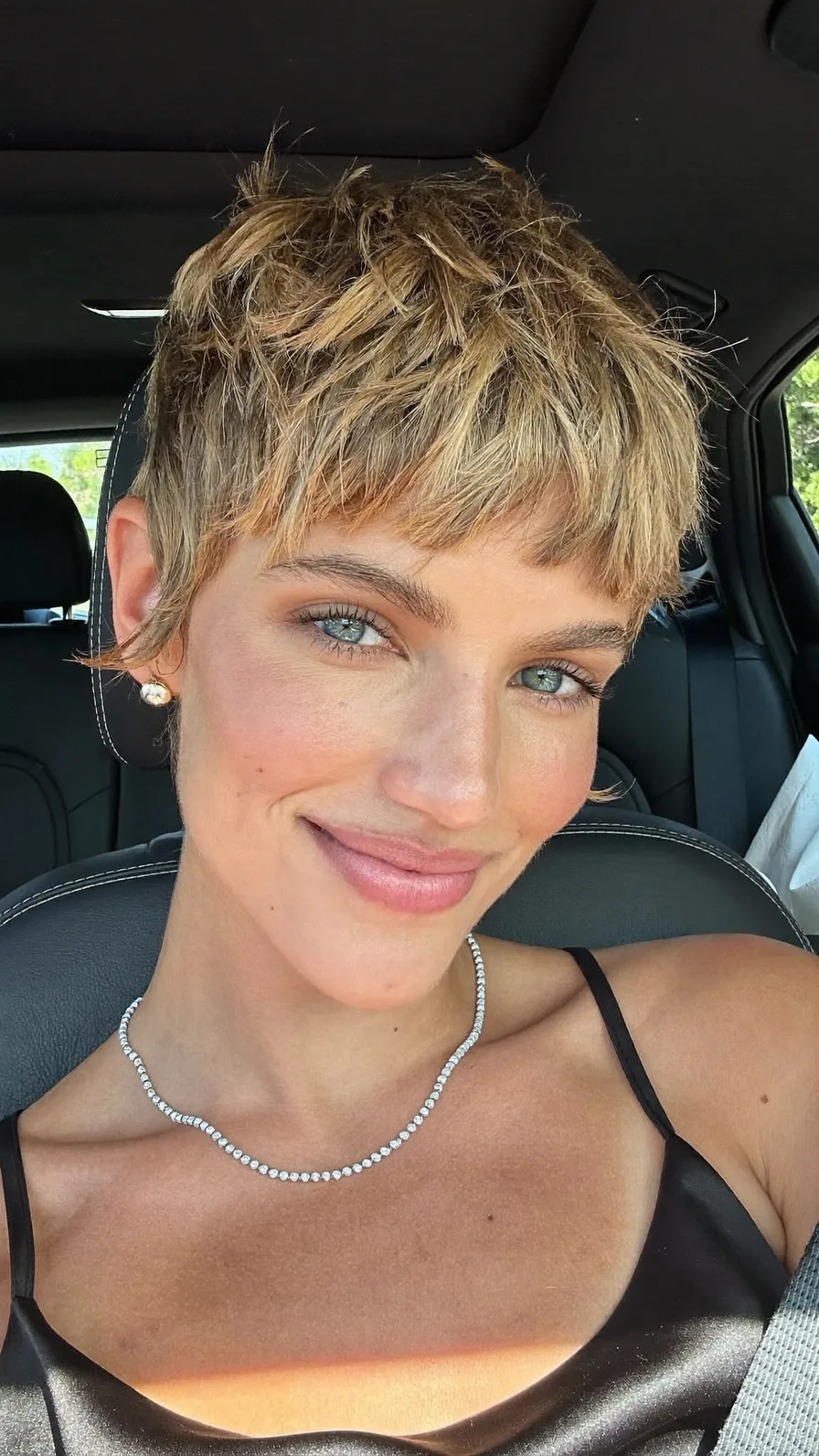 Choppy Textured Pixie Cut with Micro Bangs and Highlights