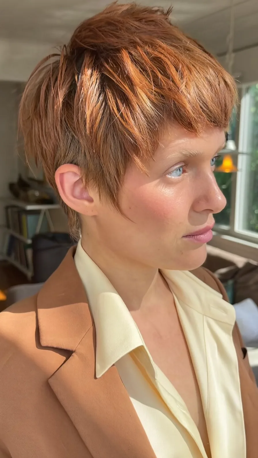 Modern Textured Pixie with Warm Copper Brown Highlights