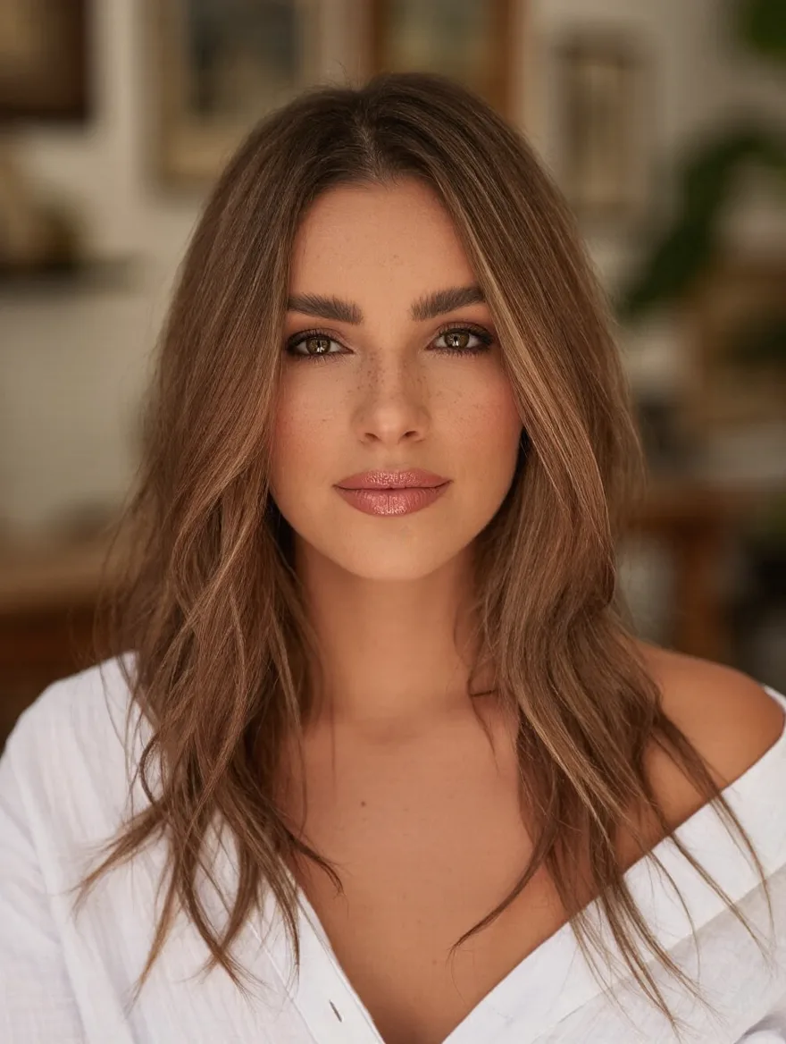 Shoulder-Length Warm Caramel Brown Waves