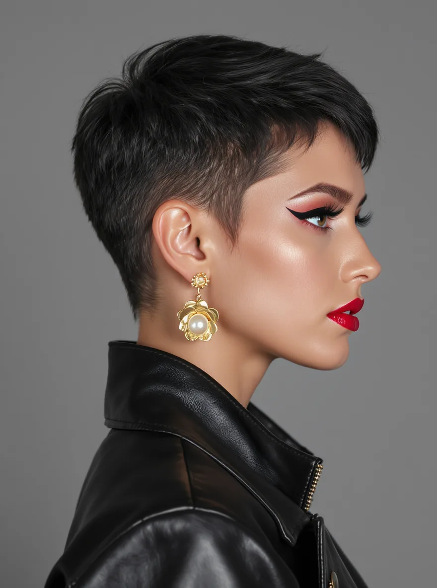 Jet Black Pixie with Side-Swept Bangs for Heart-Shaped Faces