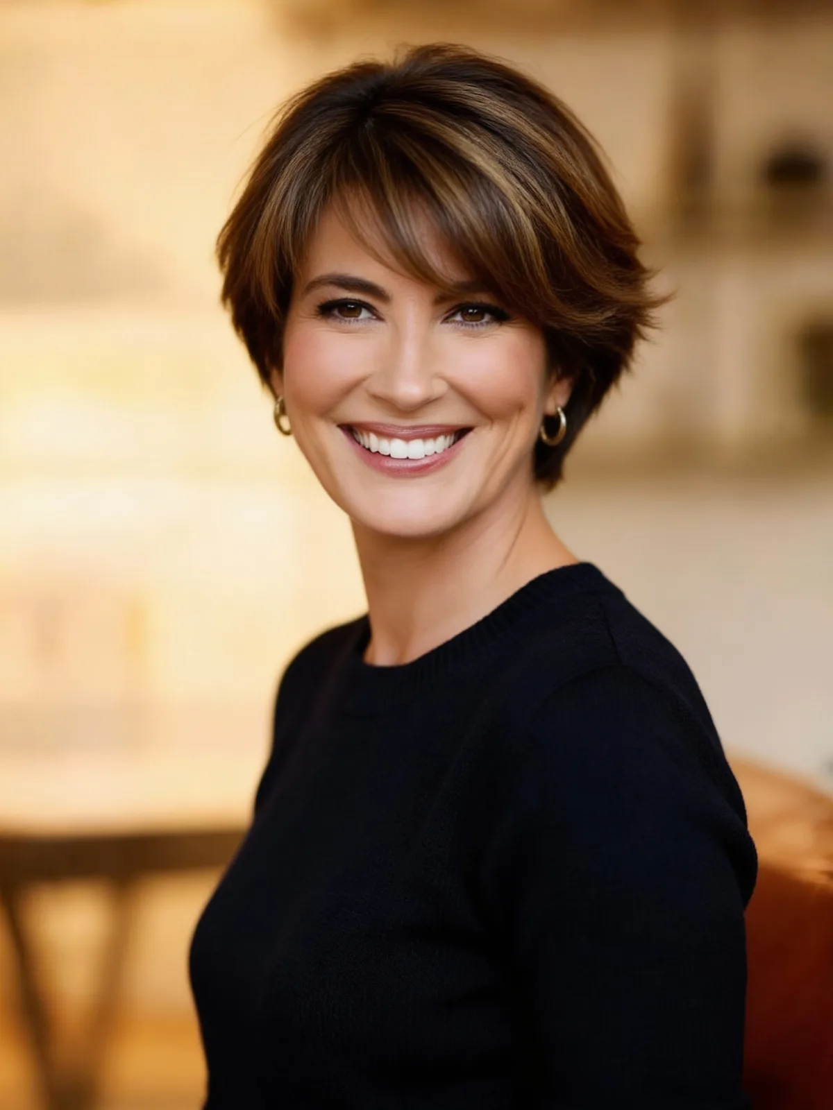 Warm Caramel Pixie with Subtle Highlights and Side Bangs