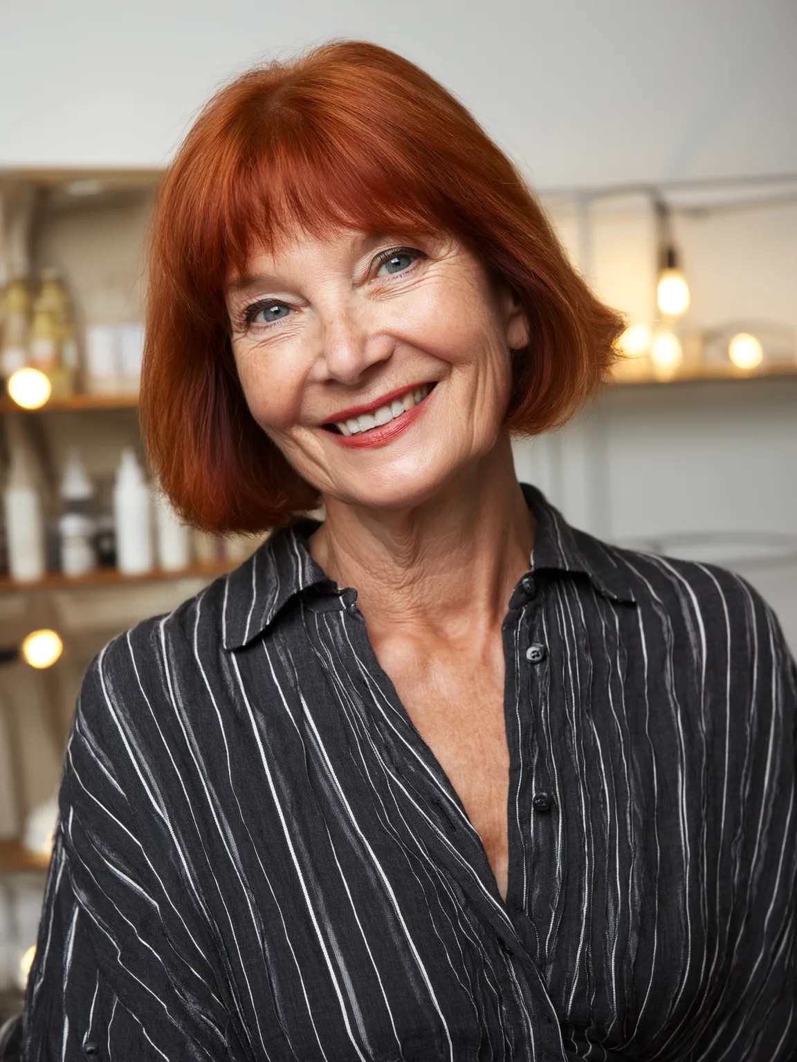 Warm Copper Bob with Blunt Bangs for Round Faces