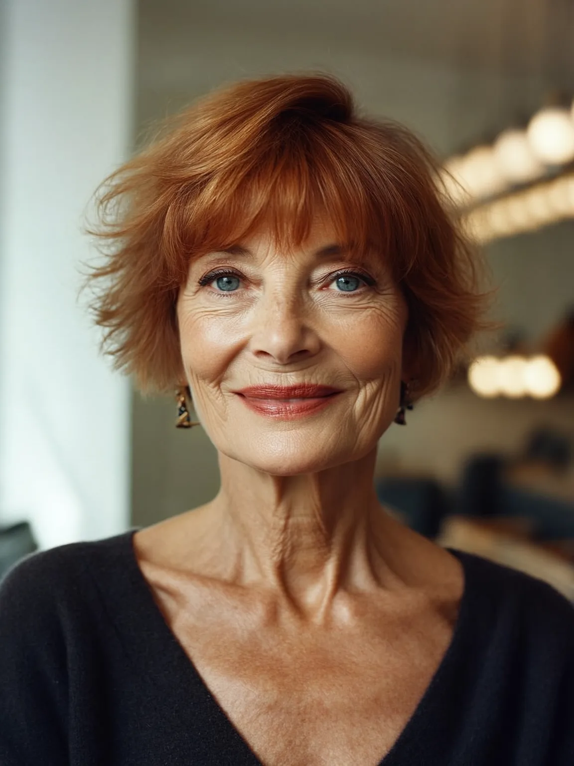 Chin-Length Wavy Copper Shag with Wispy Bangs for Round Faces