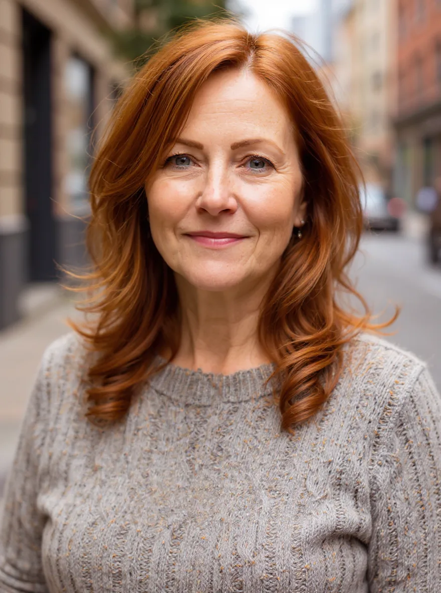 Voluminous Wavy Copper Layers for Square Face Shapes