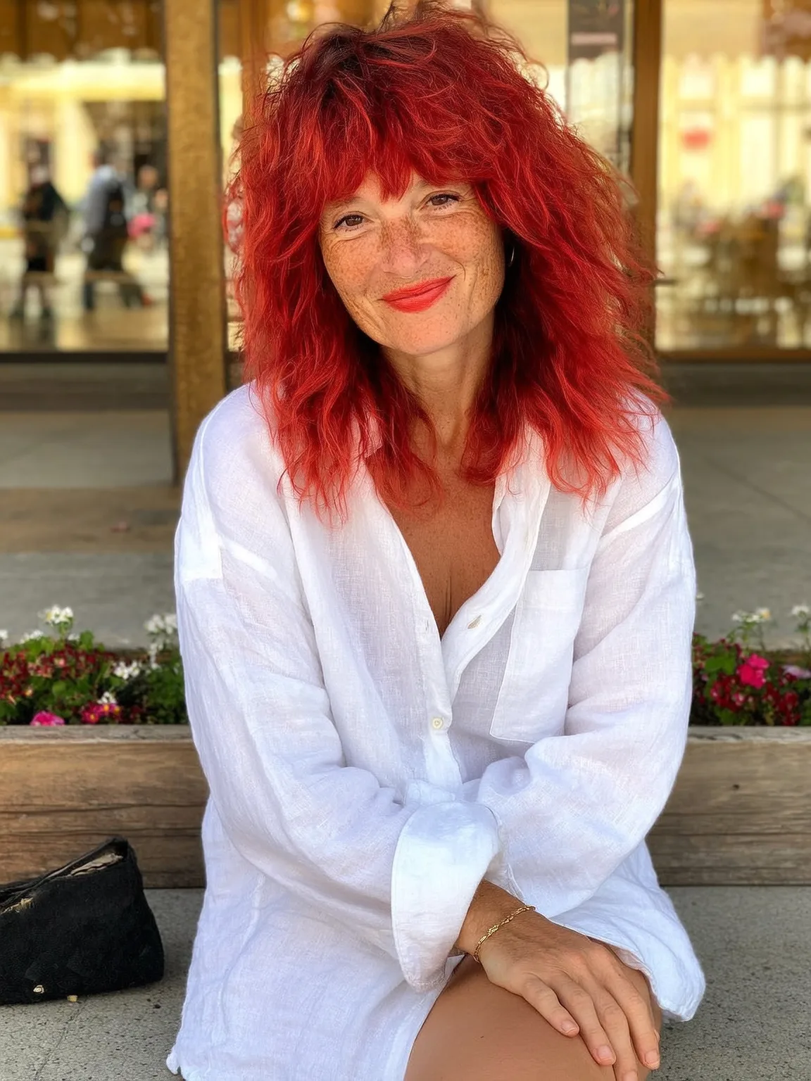 Vivid Red Medium-Length Wavy Shag with Blunt Bangs