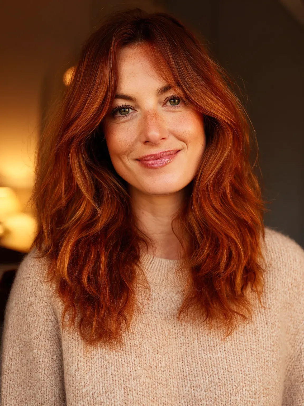 Long Voluminous Copper Layers with Face-Framing Curtain Bangs