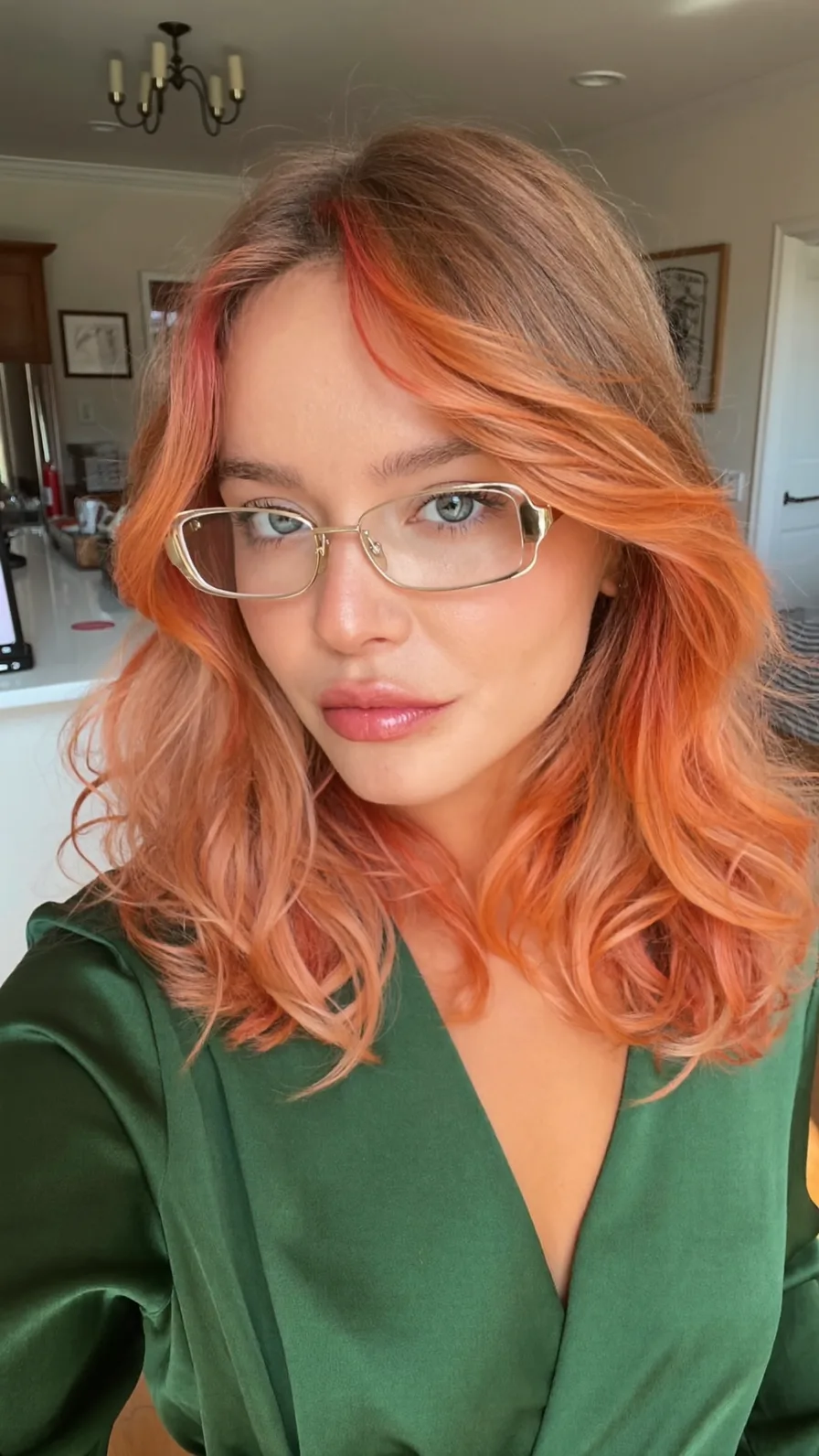 Soft Shoulder-Length Peachy Orange Hair with Curtain Bangs