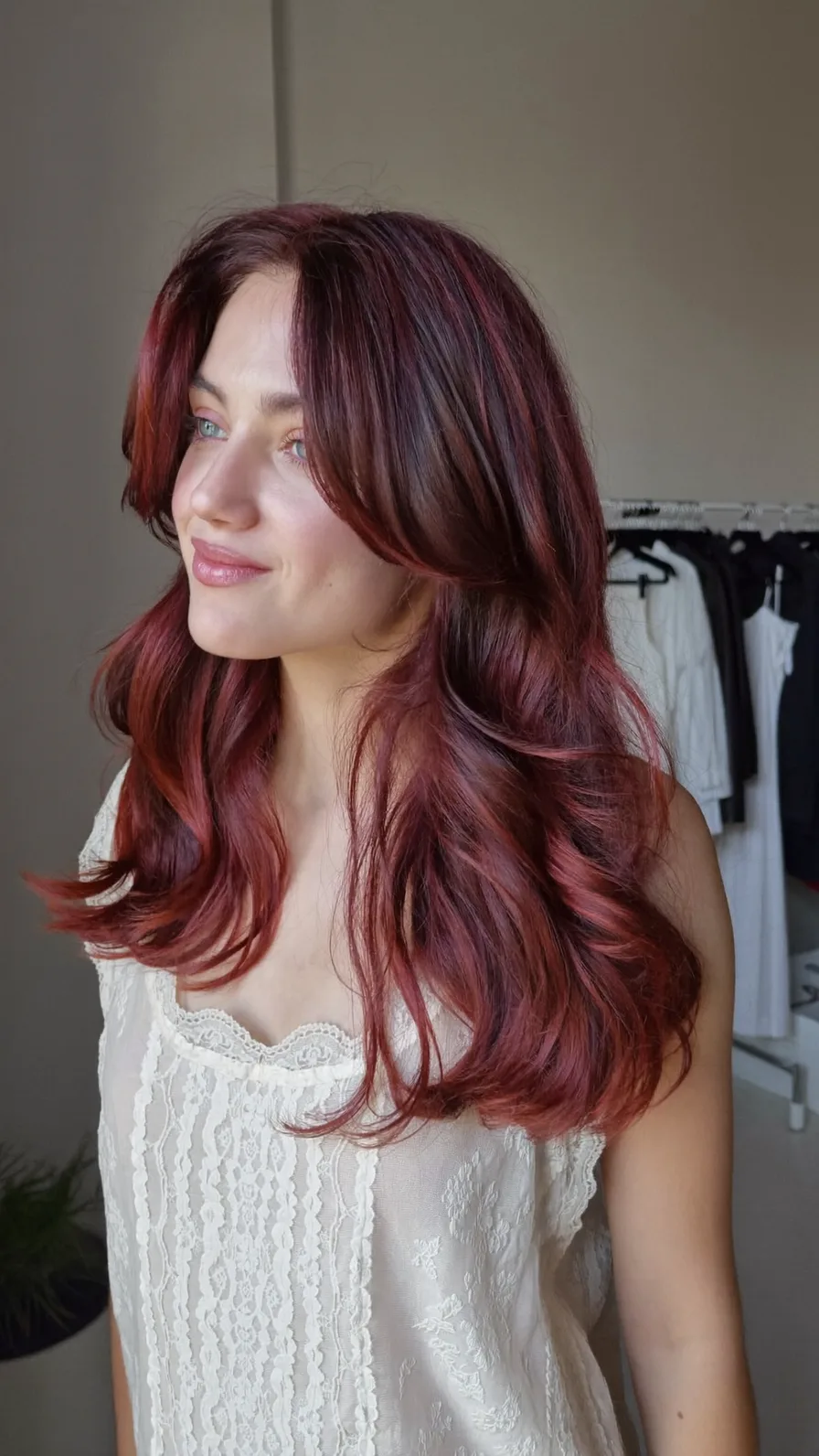 Medium Length Deep Burgundy Hair with Flowing Long Layers