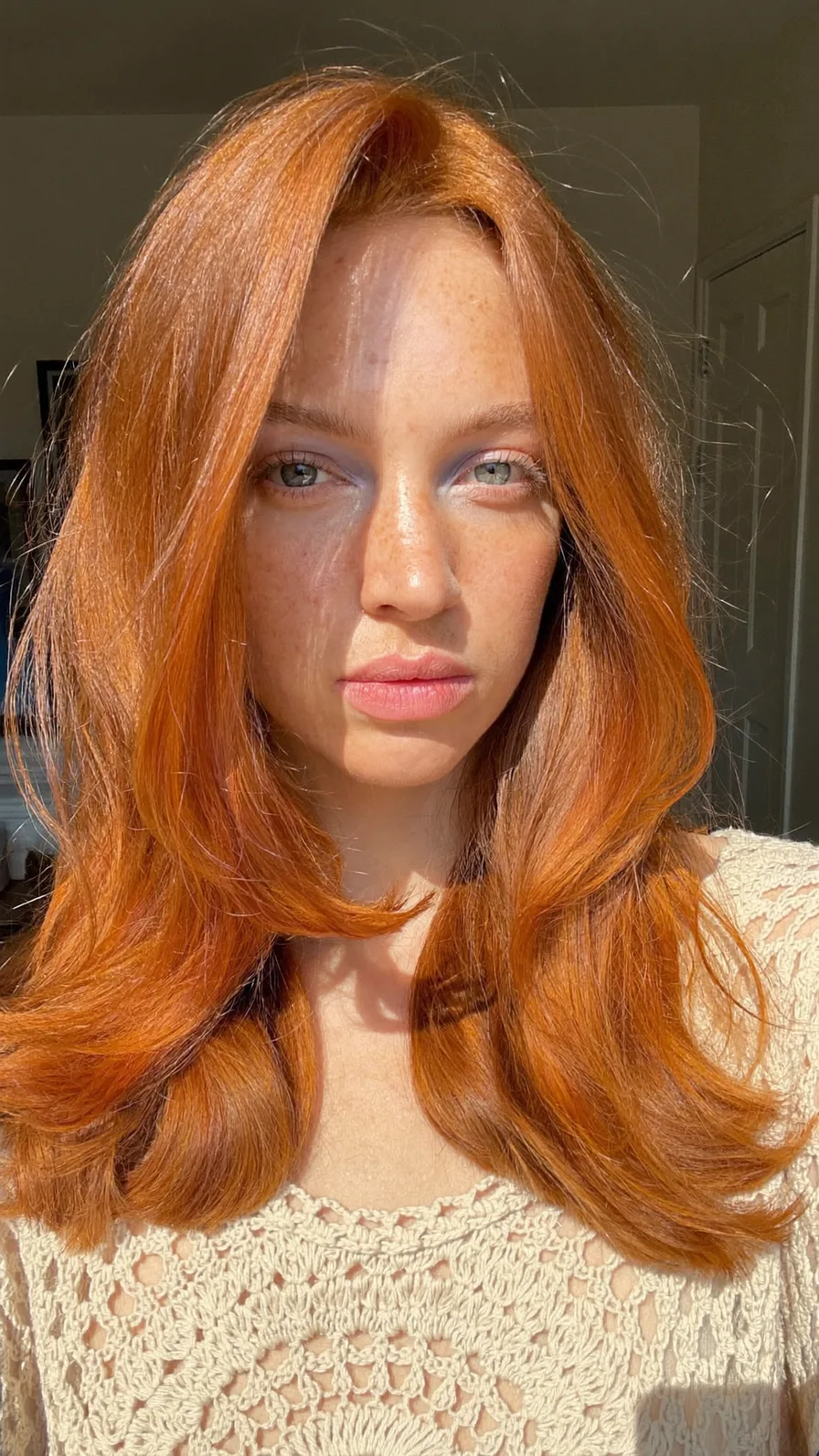 Medium Length Vibrant Copper Red Long Layered Haircut