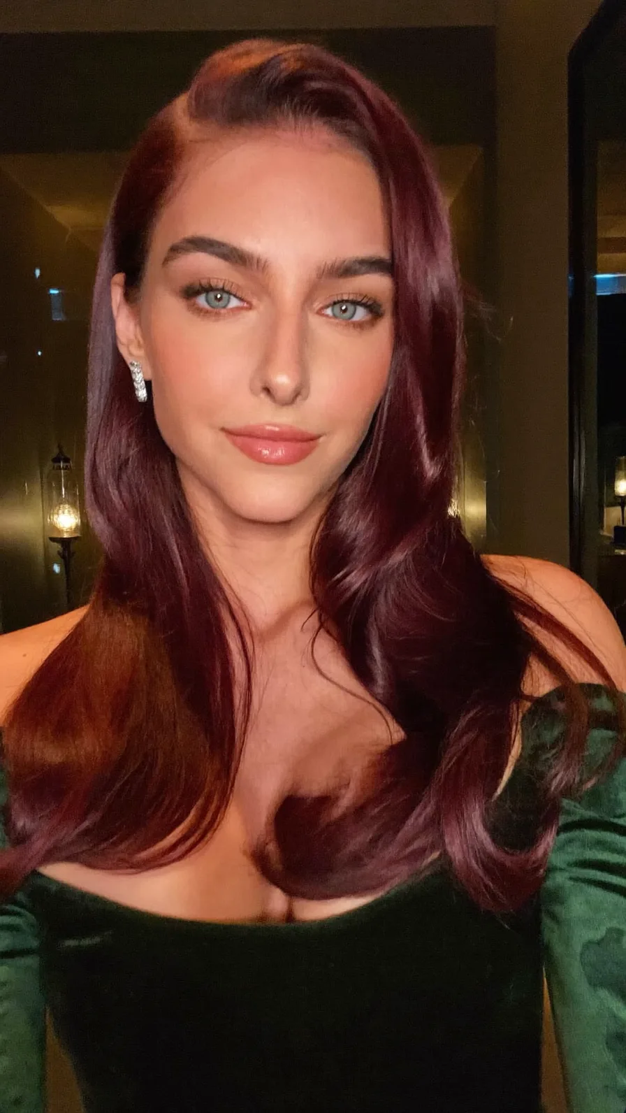 Voluminous Deep Burgundy Long Layers with Flowing Waves