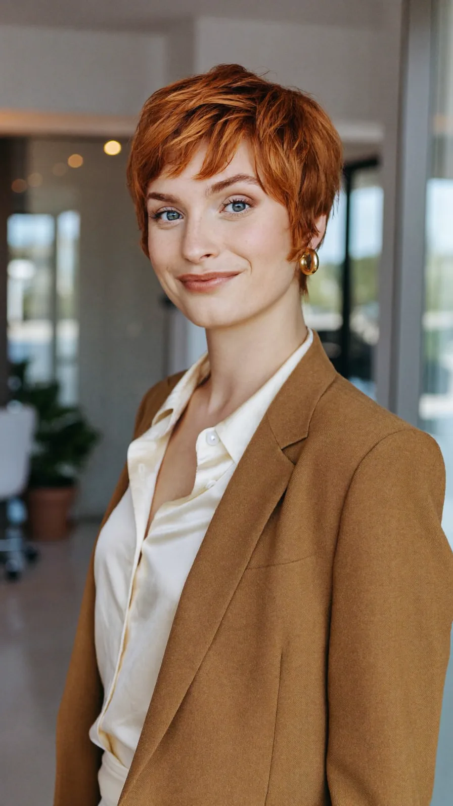 Textured Copper Red Pixie Cut with Wispy Bangs