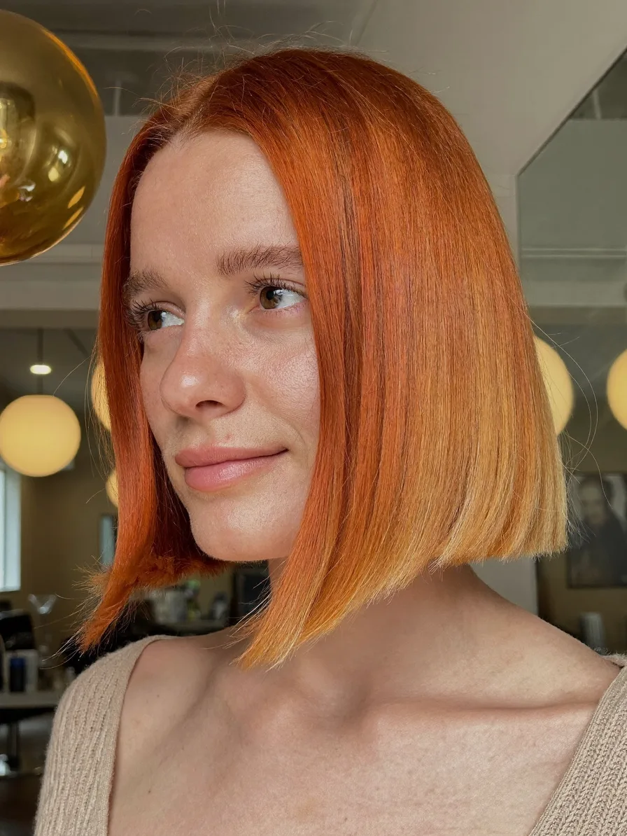Chic Vibrant Copper Blunt Bob Hairstyle with Natural Shine