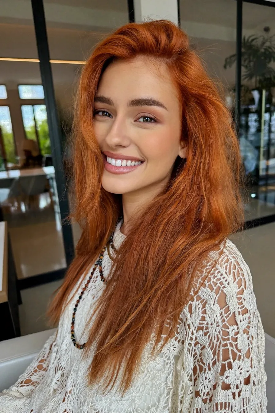 Voluminous Copper Red Wavy Long Layers with Side-Swept Bangs