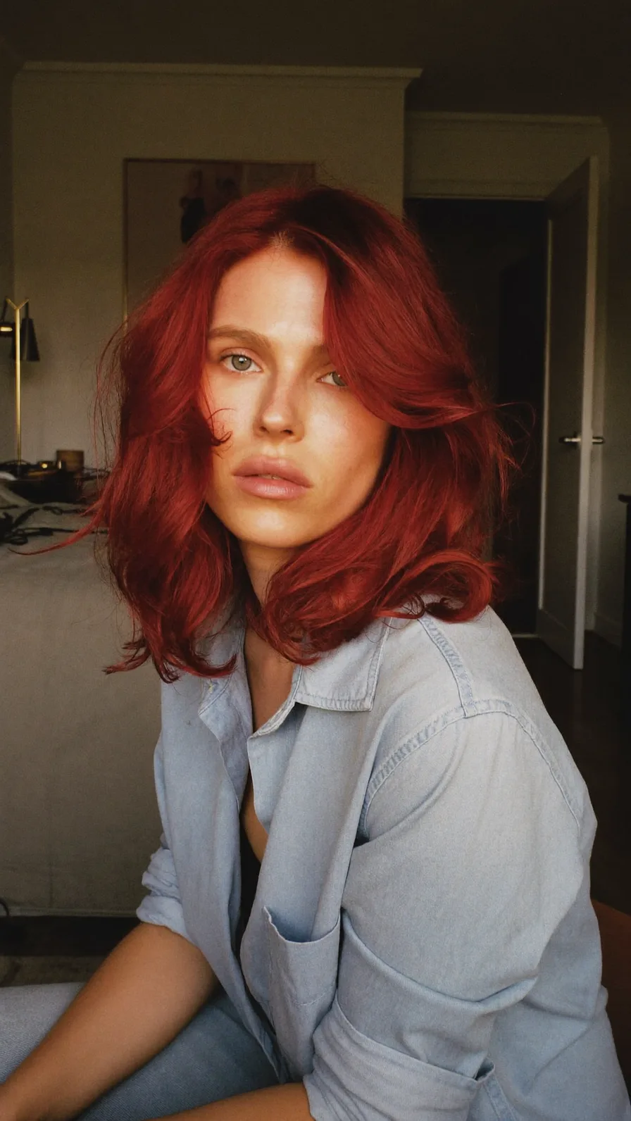 Modern Copper Red Medium Length Layered Hairstyle with Side Bangs