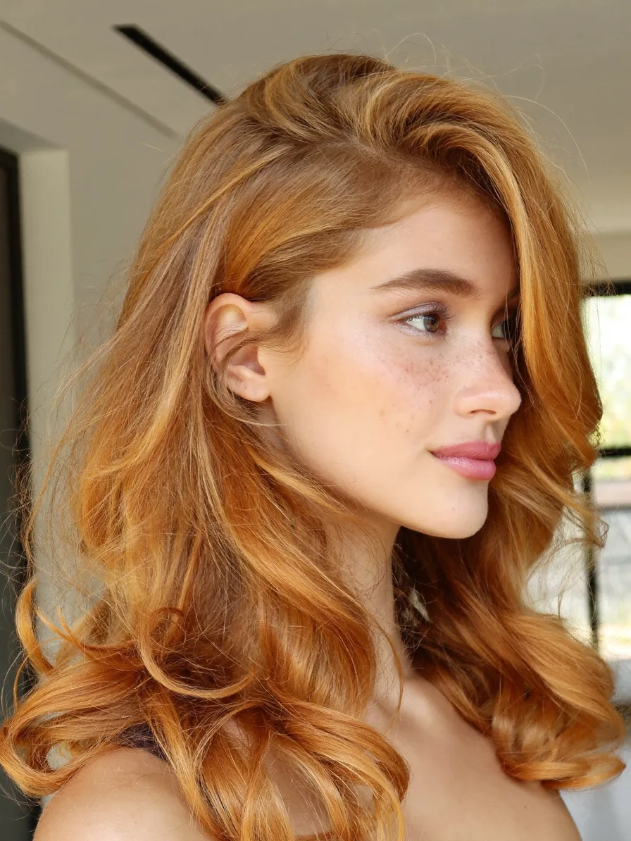 Voluminous Warm Copper Wavy Layers for Oval Faces