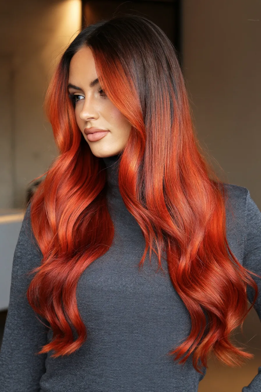 Voluminous Flowing Long Layers with Fiery Copper Balayage