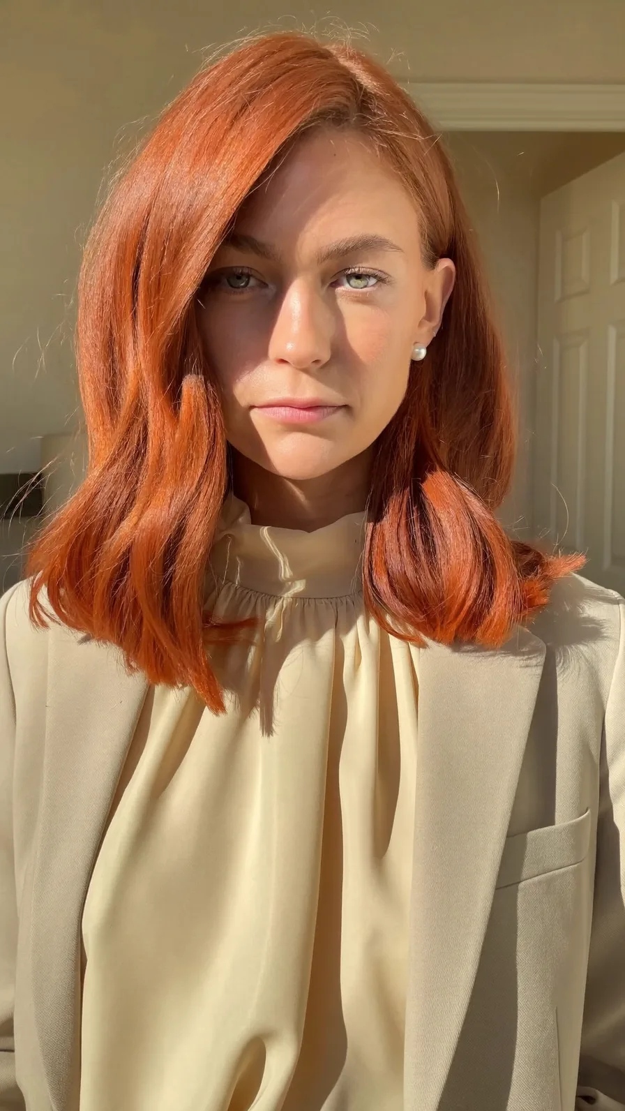 Elegant Shoulder-Length Copper Waves with Side-Swept Layers