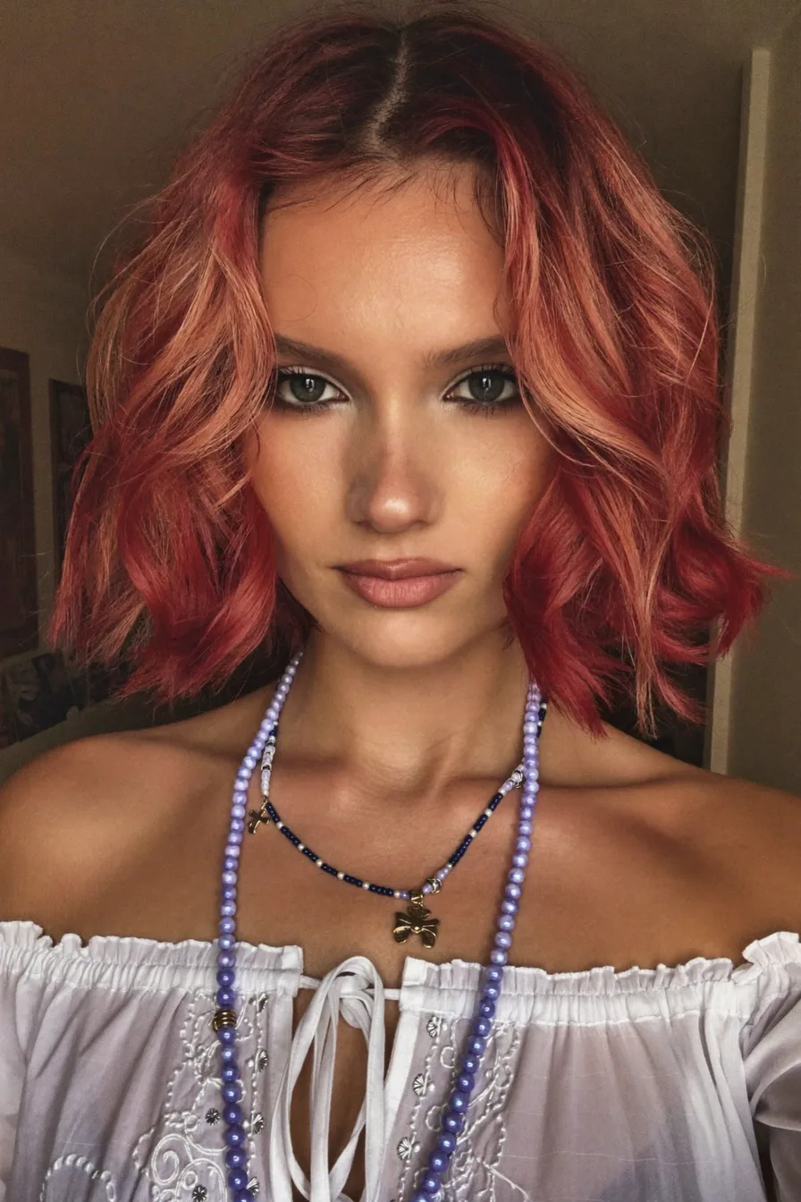 Vibrant Textured Copper Red Wavy Chin-Length Bob