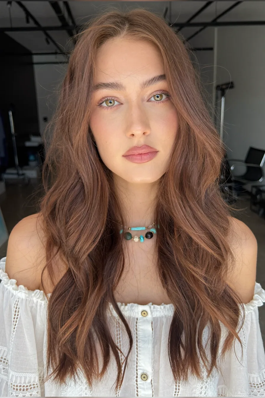 Romantic Chocolate Brown Long Layered Hair with Effortless Waves