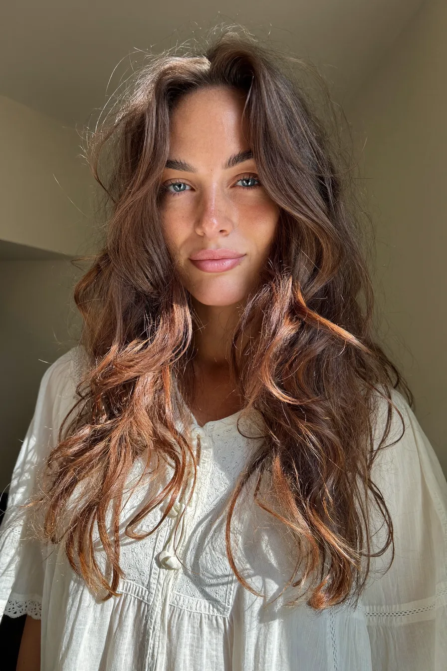 Lived-In Chocolate Brown Long Layered Waves with Face Framing