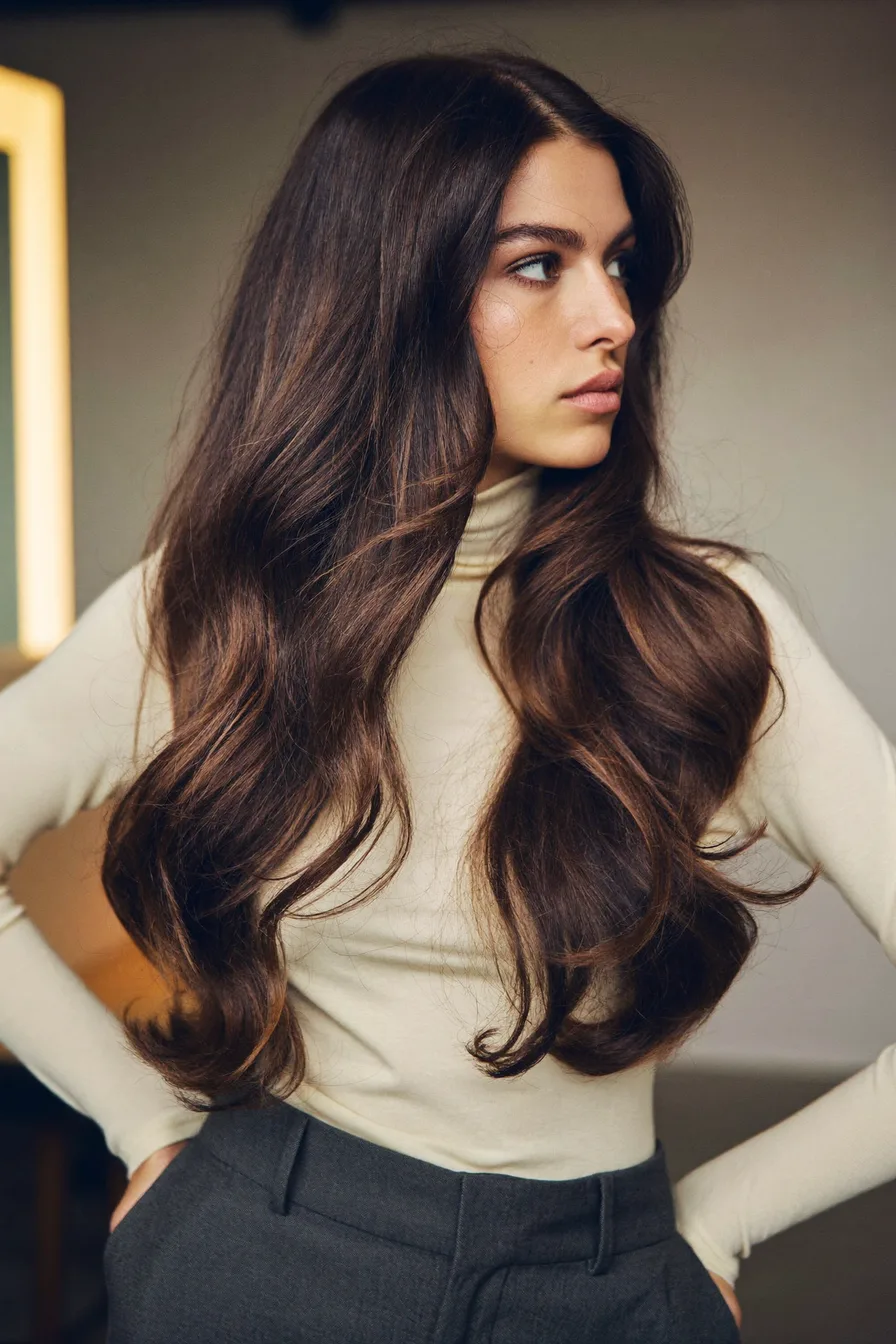 Glossy Chocolate Brown Long Layered Hair with Soft Volume