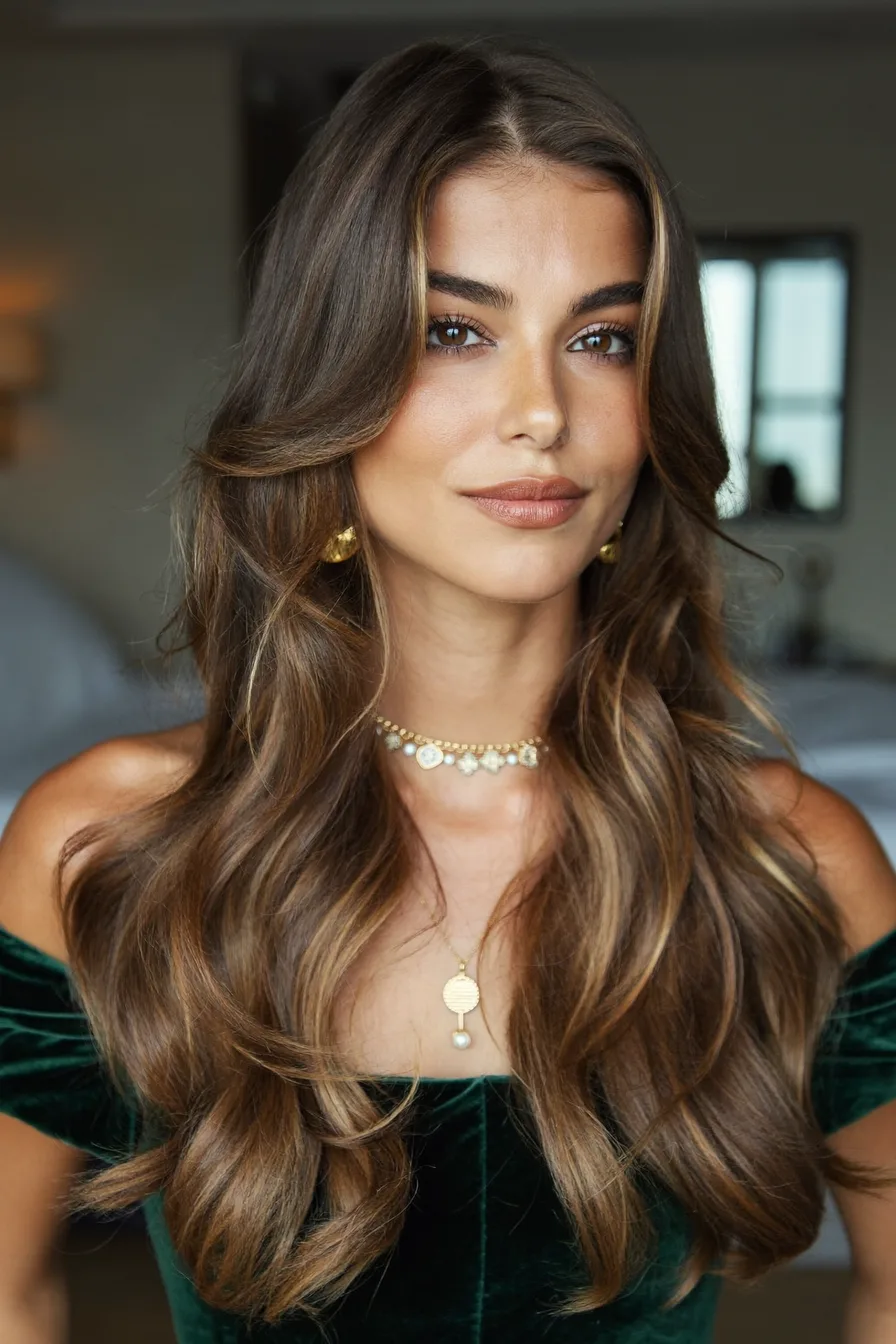 Glamorous Chocolate Brown Long Layered Hair with Soft Face-Framing Waves