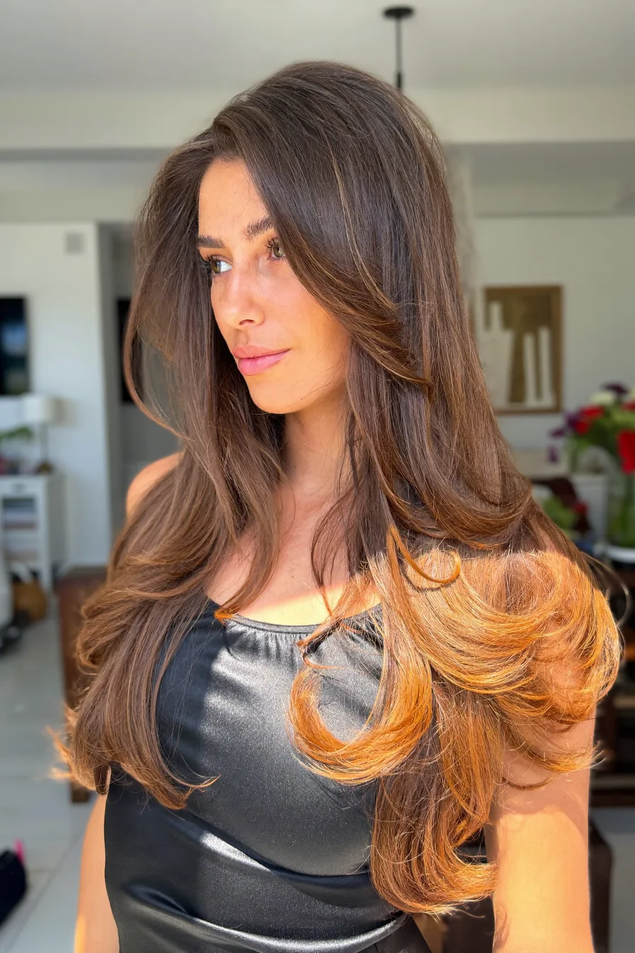 Glossy Chocolate Brown Long Layered Haircut With Flowy Ends