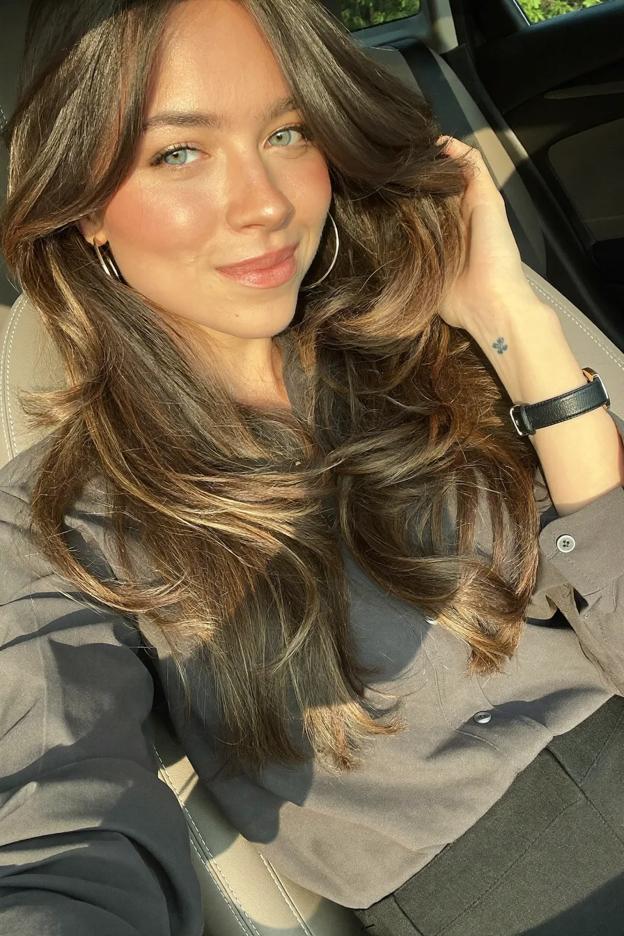 Glossy Face-Framing Chocolate Brown Long Layered Haircut Perfection