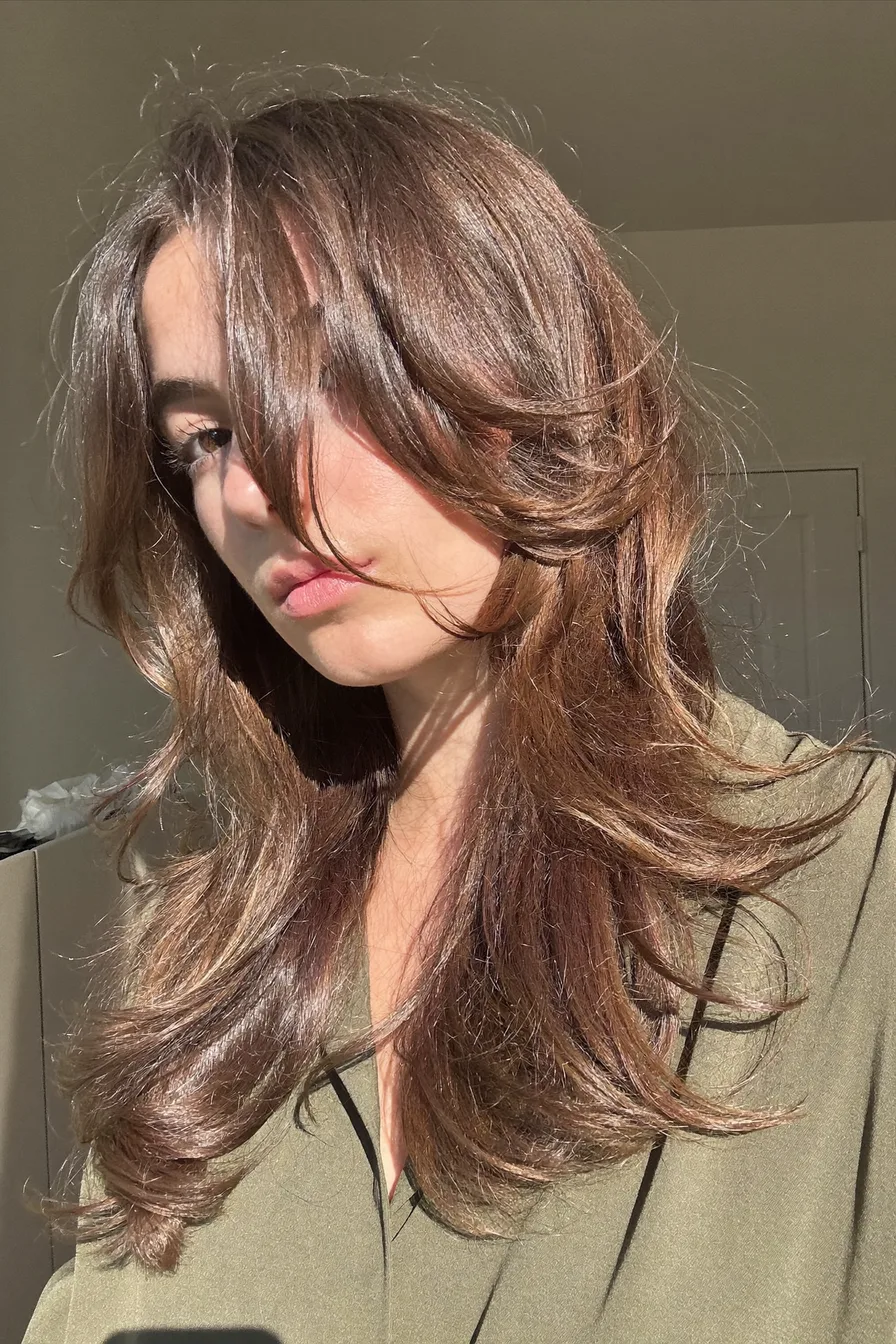 Face-Framing Chocolate Brown Long Layered Hair with Feathered Ends