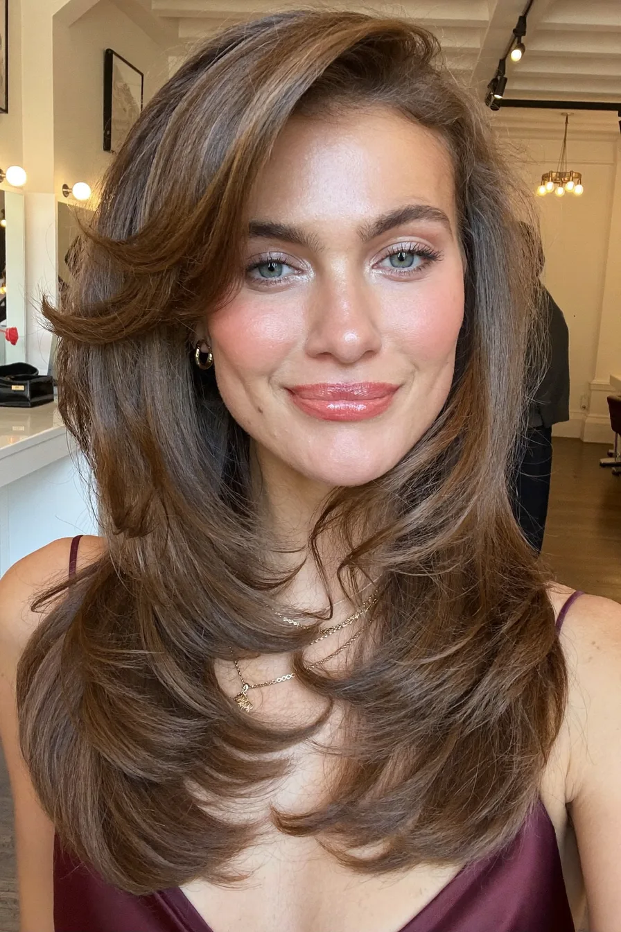 Glossy Chocolate Brown Long Layered Haircut With Face-Framing Volume