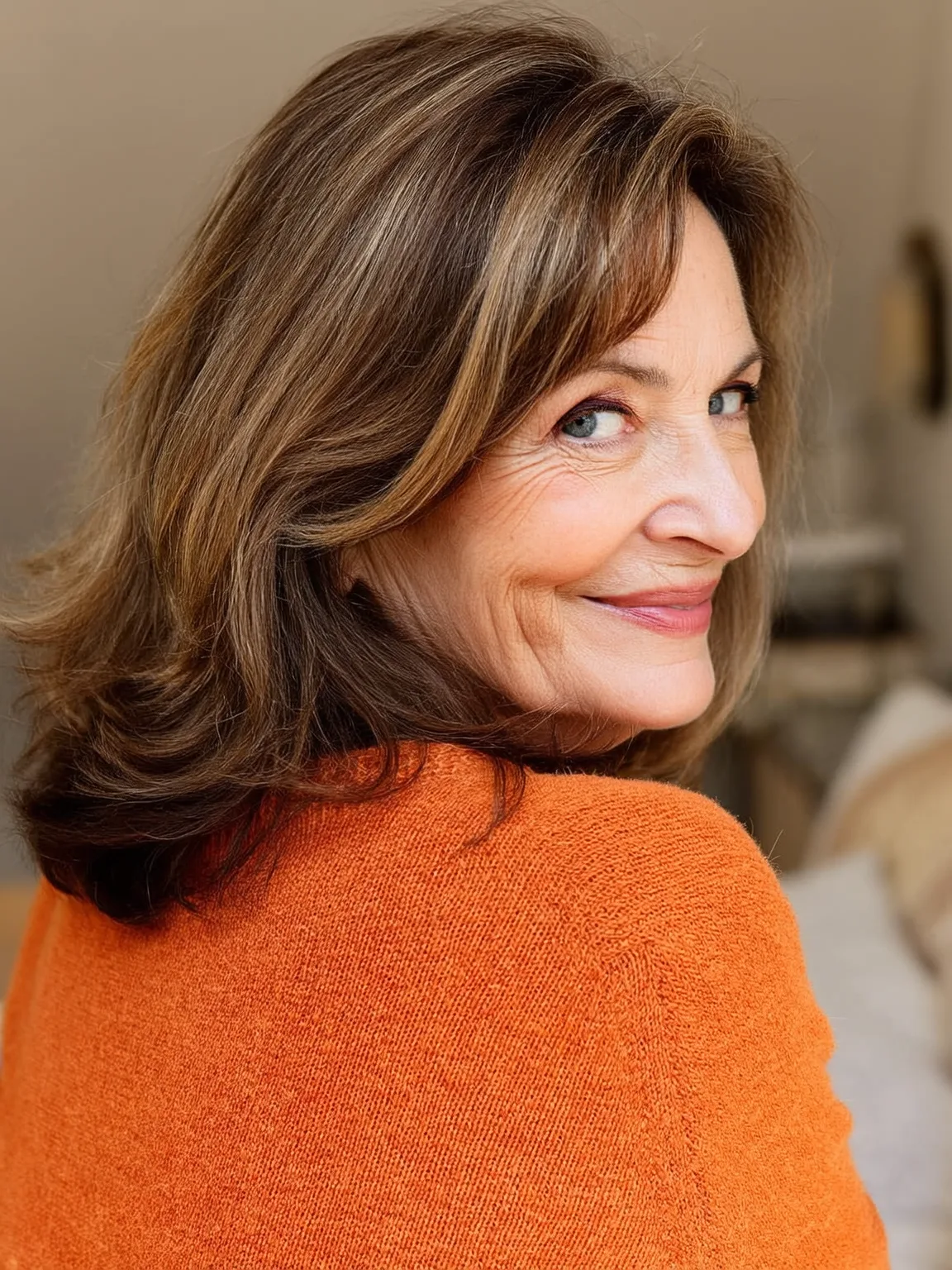 Shoulder-Length Wavy Layers with Caramel Highlights