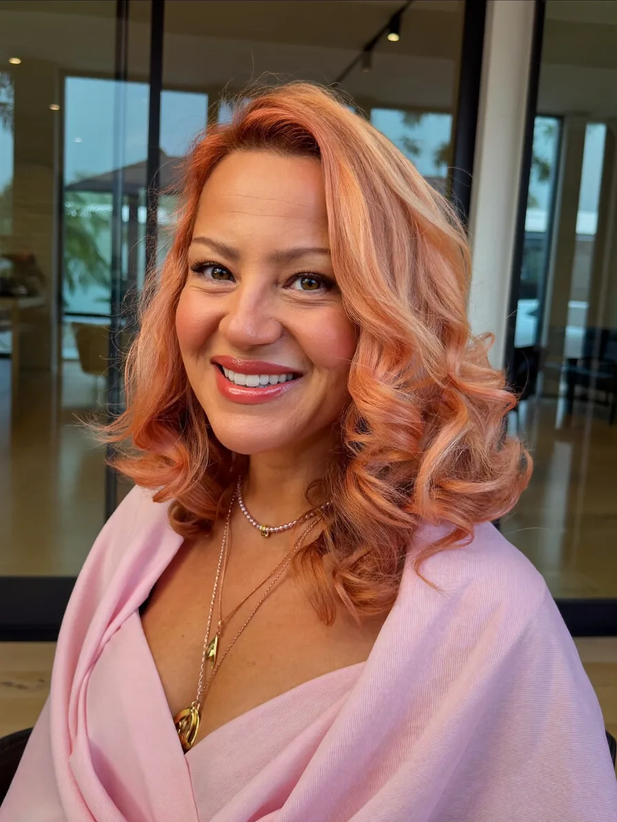 Voluminous Peachy Rose Gold Layered Medium Waves
