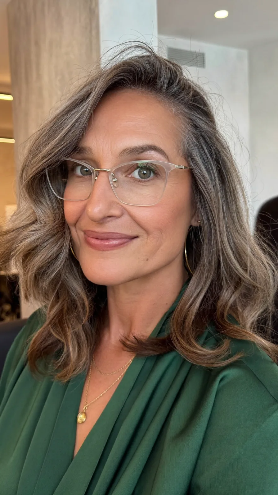 Classic Shoulder-Length Salt and Pepper Waves with Side Part