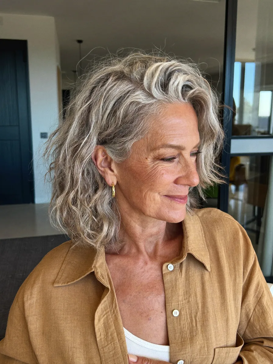 Chin-Length Wavy Salt and Pepper Layered Side-Swept Style