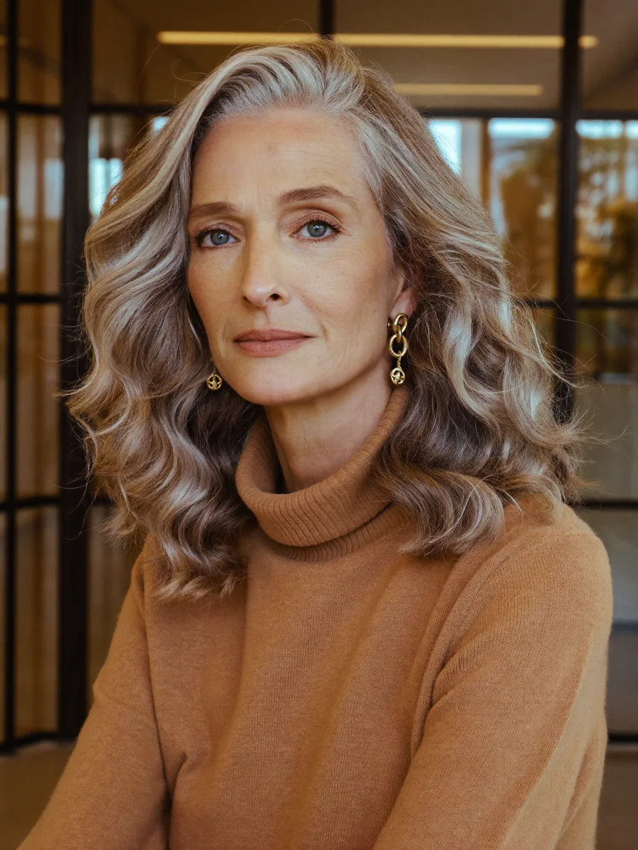 Elegant Shoulder-Length Wavy Gray Hair with Long Layers